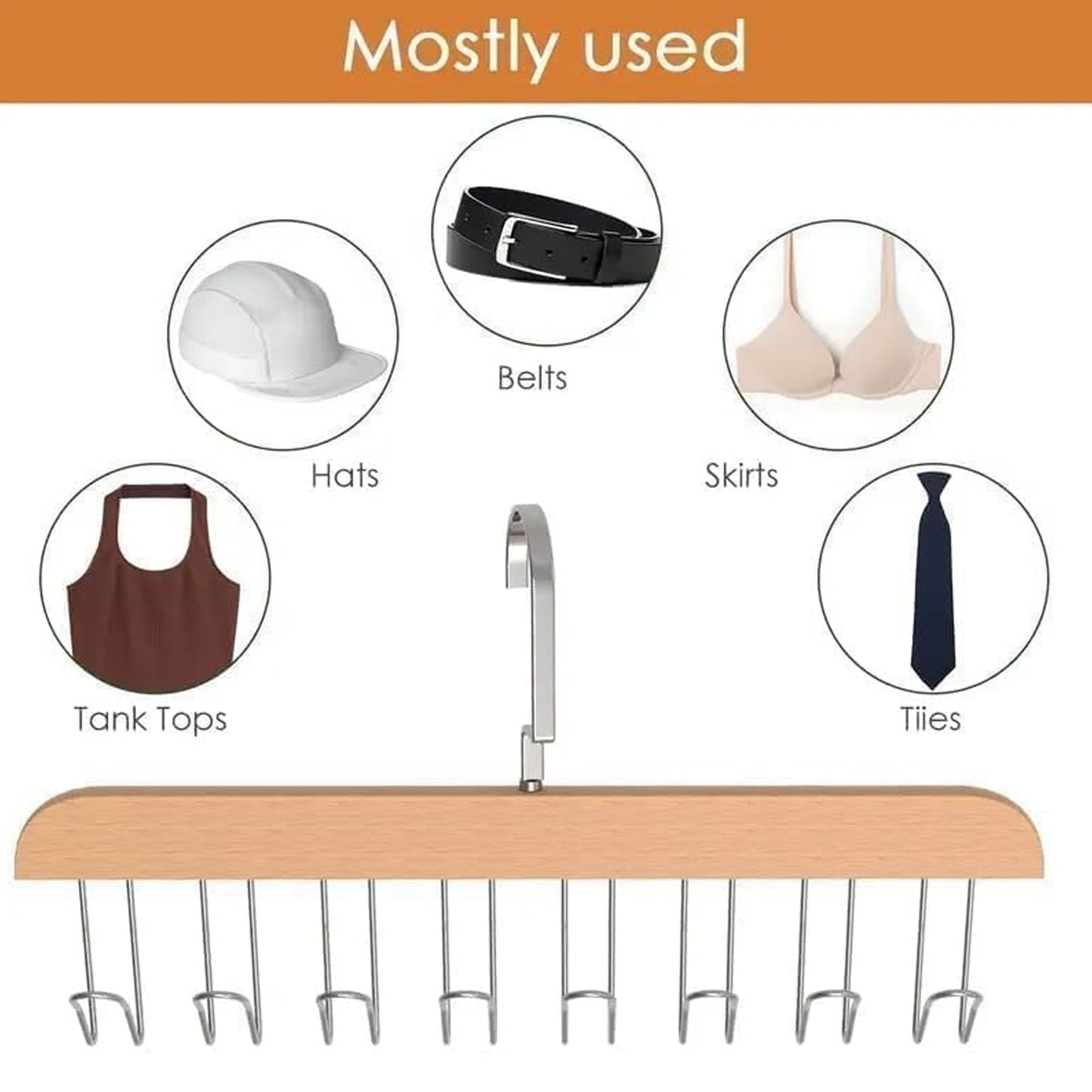 Space efficient wooden hanger organizer with stainless hooks