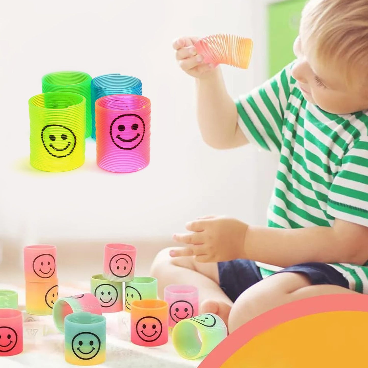 Slinky-style multicolor spring toys lined up for birthday parties