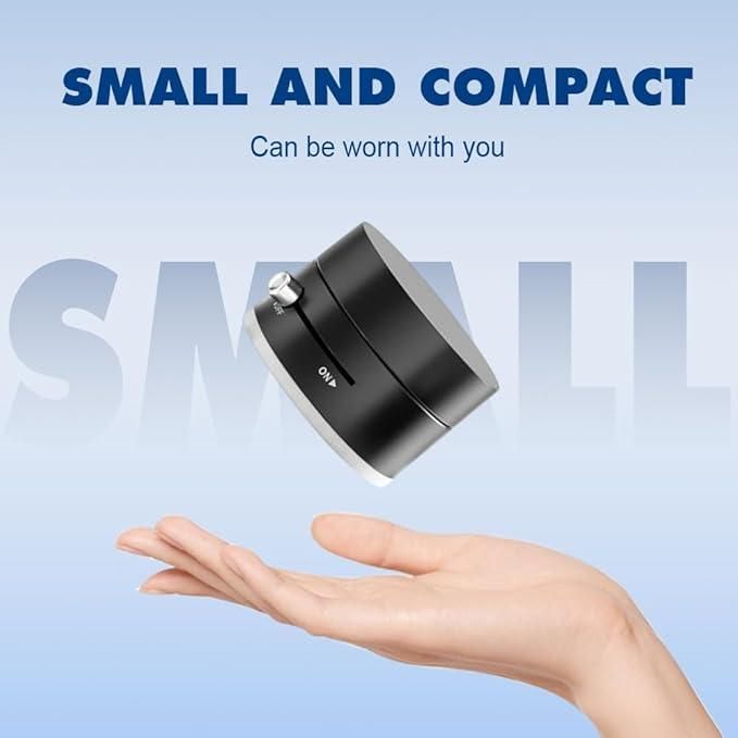 Small and compact device held in a hand with text 'SMALL AND COMPACT' above. Strong magnetic phone holder showing vacuum suction base and 360 degree rotation capability for universal phone compatibility