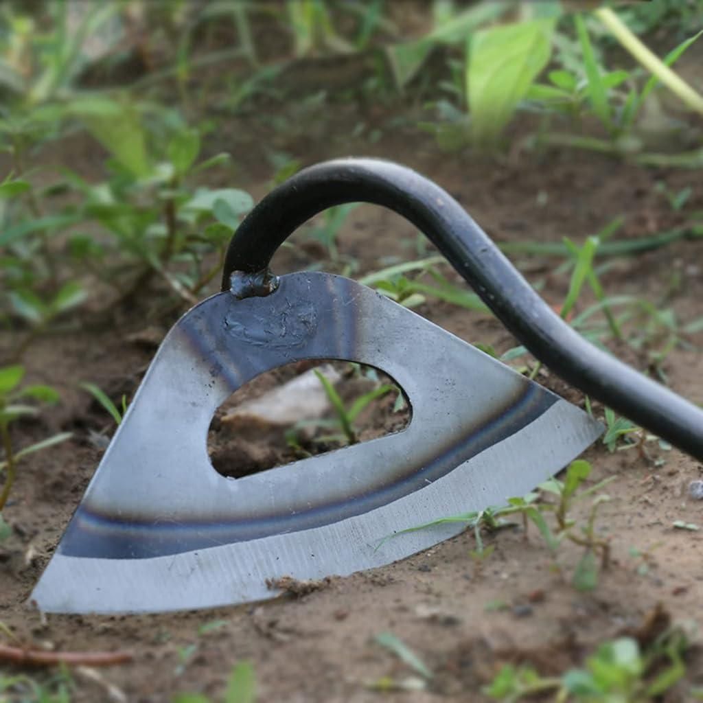 Metal tool with a curved blade embedded in the ground in a natural setting. Stainless steel manual weeder demonstrating durable construction and precision weeding capability in garden setting