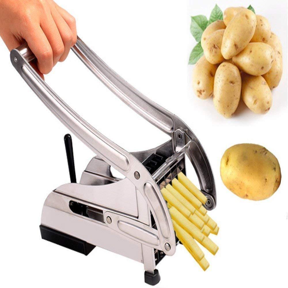Silver french fry slicer machine cutting uniform strips