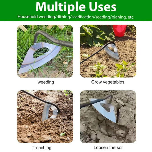 Garden tool with multiple uses for gardening tasks on a white background. Manual weeder showing stainless steel construction and 400 gram weight balanced design for garden use