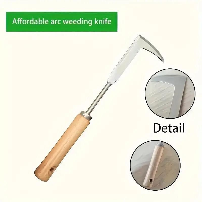Arc weeding knife with wooden handle and metal blade on a white background, labeled 'Affordable arc weeding knife'. 31.8cm stainless steel handheld weeding knife with arc design positioned for precision garden maintenance work