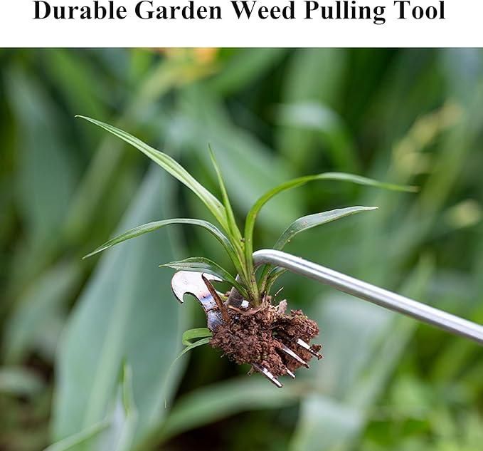 Garden weed pulling tool with a plant being pulled, Sharp weeding puller demonstrating metal durability and ergonomic grip for garden maintenance tasks
