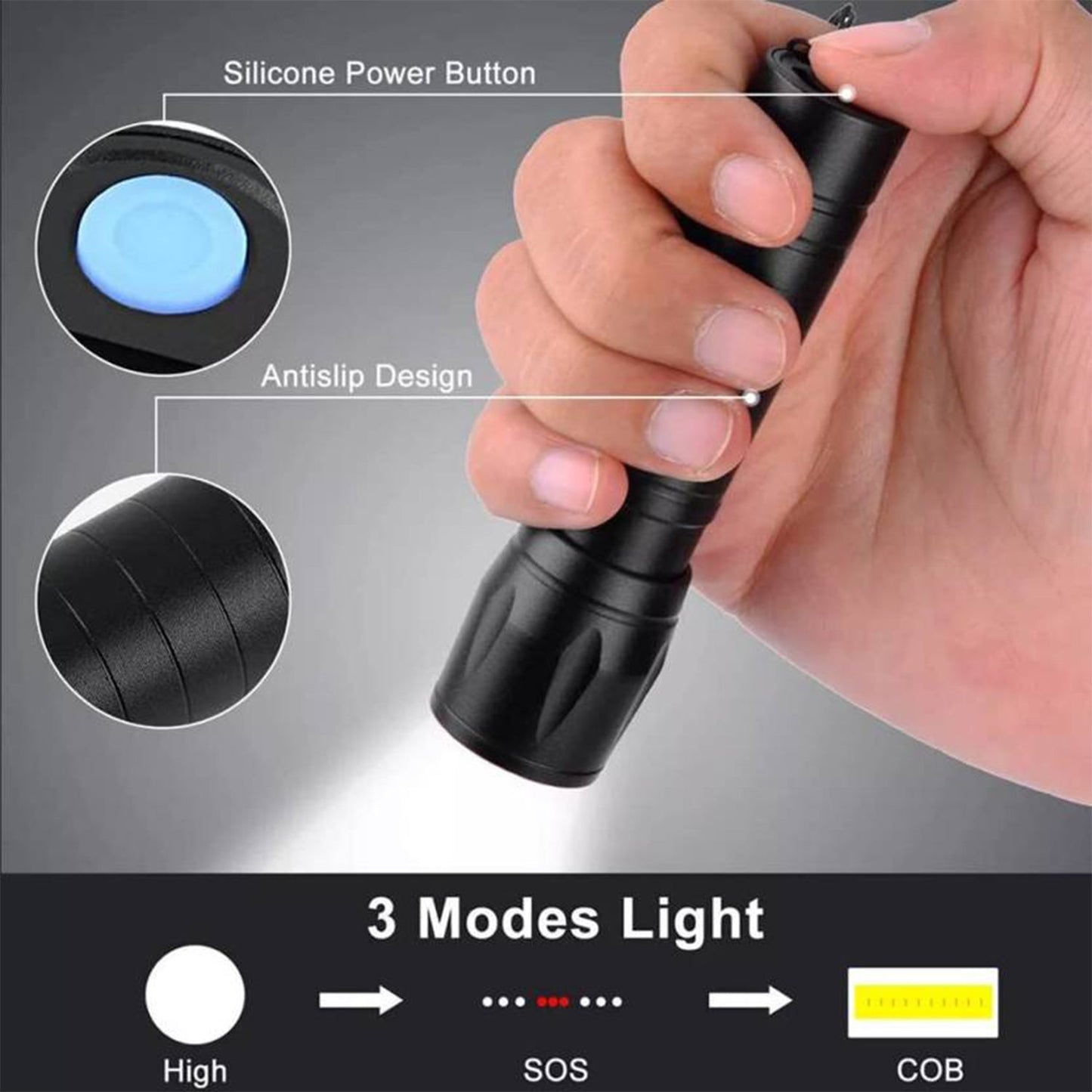 Small handheld flashlight with COB side light and USB charging for camping and home use