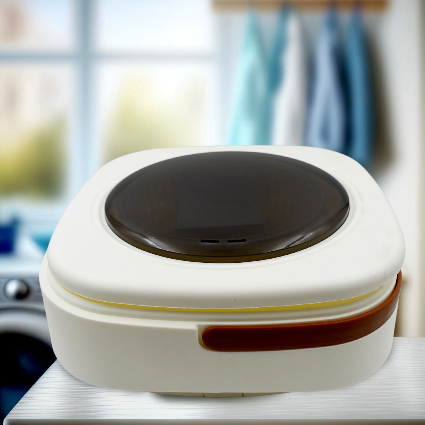 Foldable mini washer placed in small apartment corner