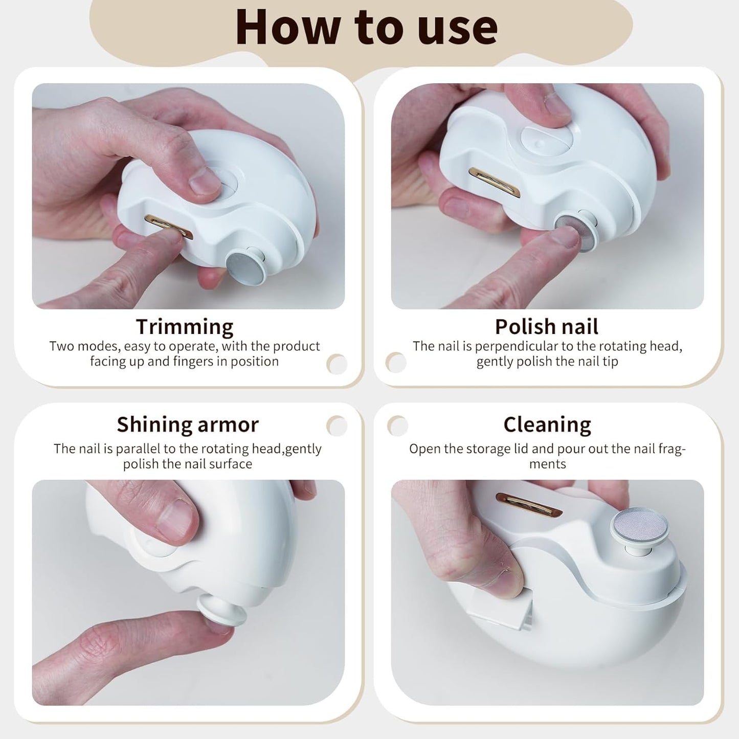 How to use Portable baby nail file electric trimmer with ergonomic grip design
