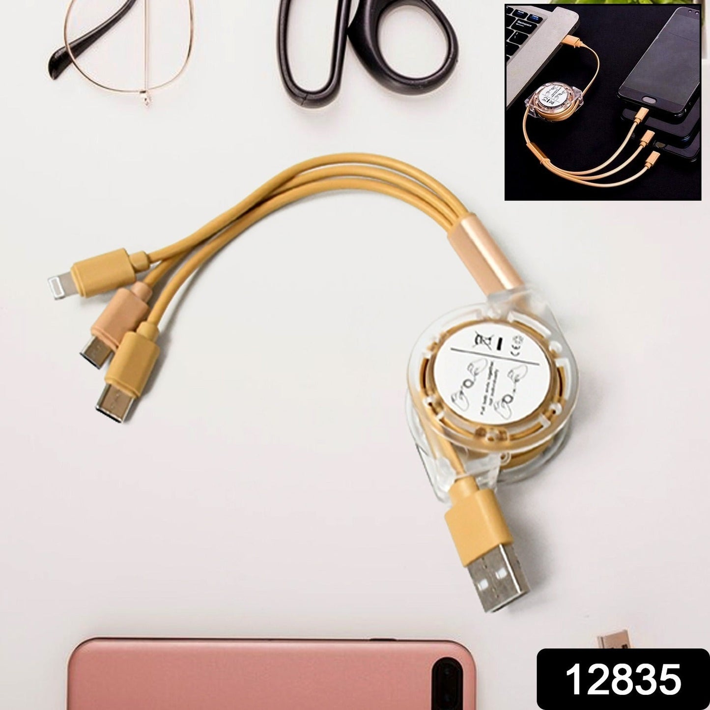 Flexible retractable phone charger cable compatible with multiple devices