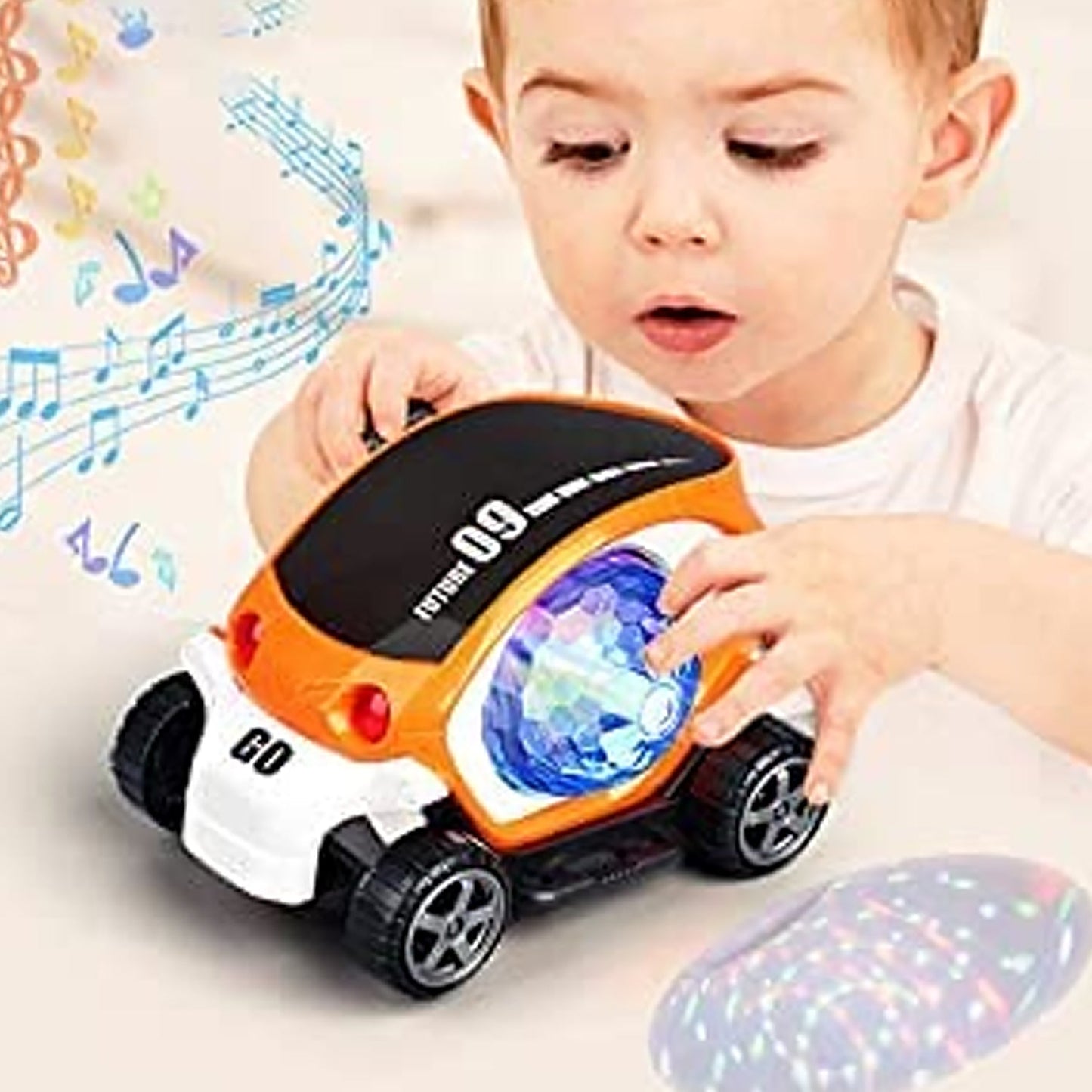 Mini car toy with spinning stunt moves and flashing lights