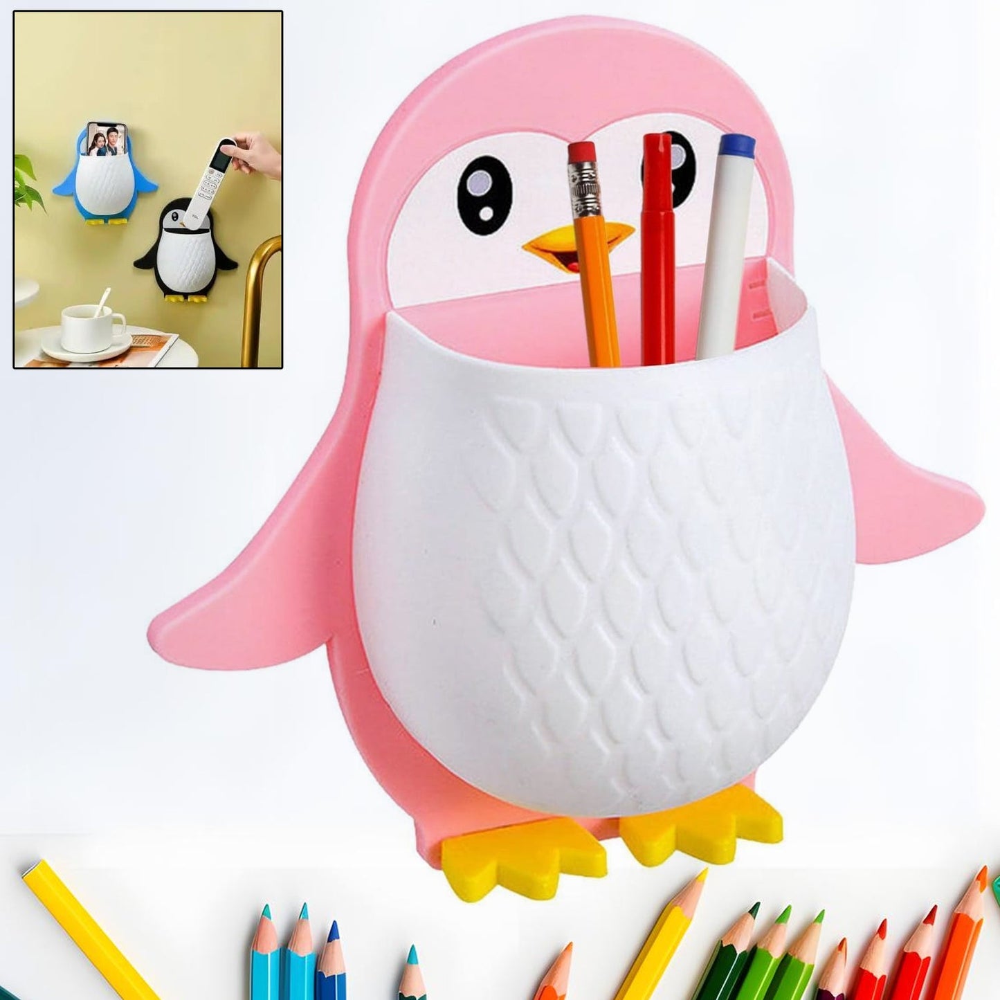 Penguin storage box adhesive wall holder for remotes and toothbrushes