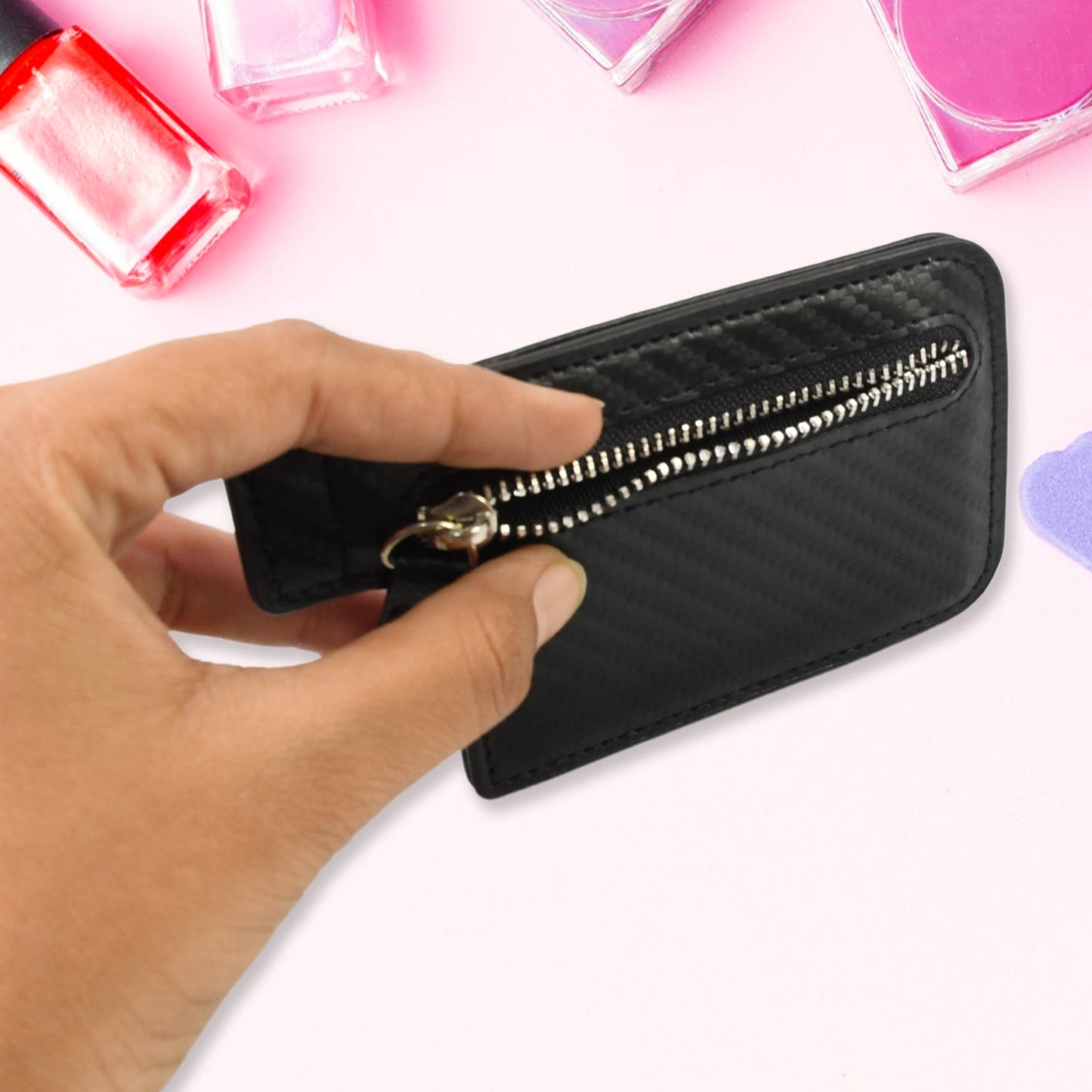 Magnetic phone wallet card holder with zipper compartment
