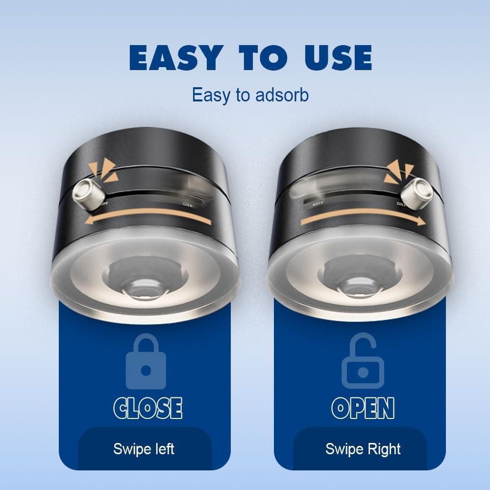 Two cylindrical devices with 'Close' and 'Open' labels on a blue background, Phone holder with double sided magnetic plates and vacuum suction cup showing 360 rotatable adjustment mechanism