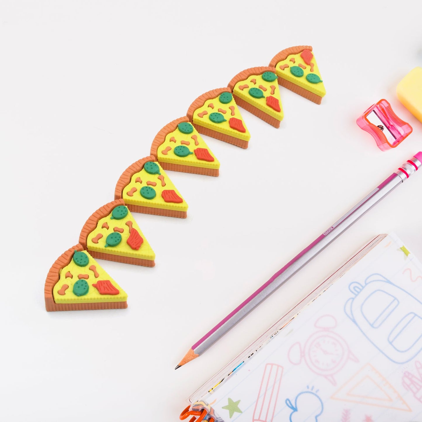 Fun pizza food-shaped eraser set for kids and adults, great for correcting pencil mistakes