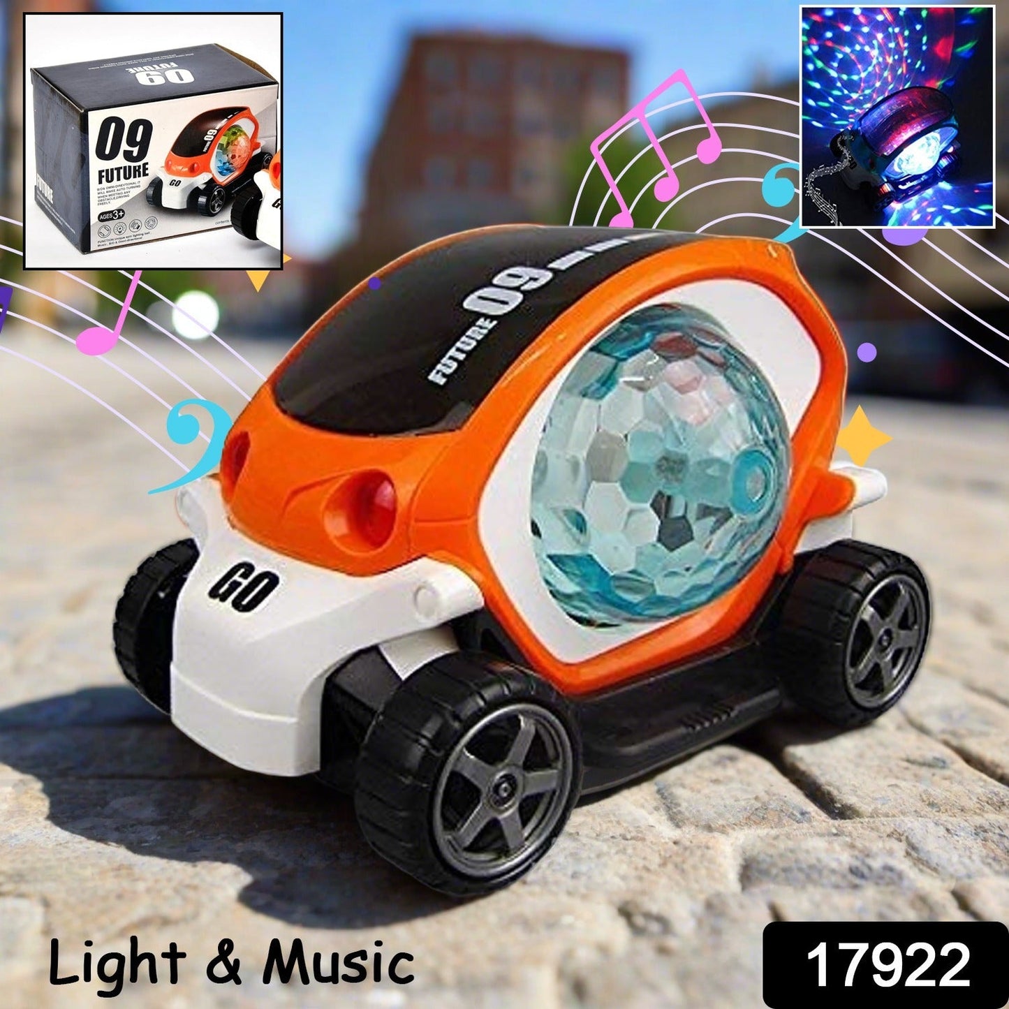 Toy car with bump and go action glowing LED disco lights