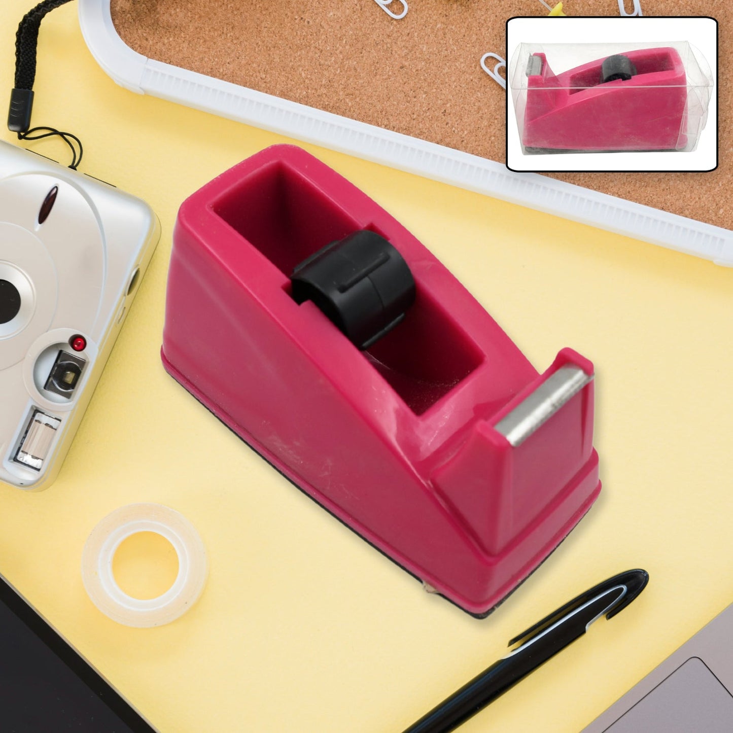 Plastic tape dispenser cutter with serrated blade for packaging rolls
