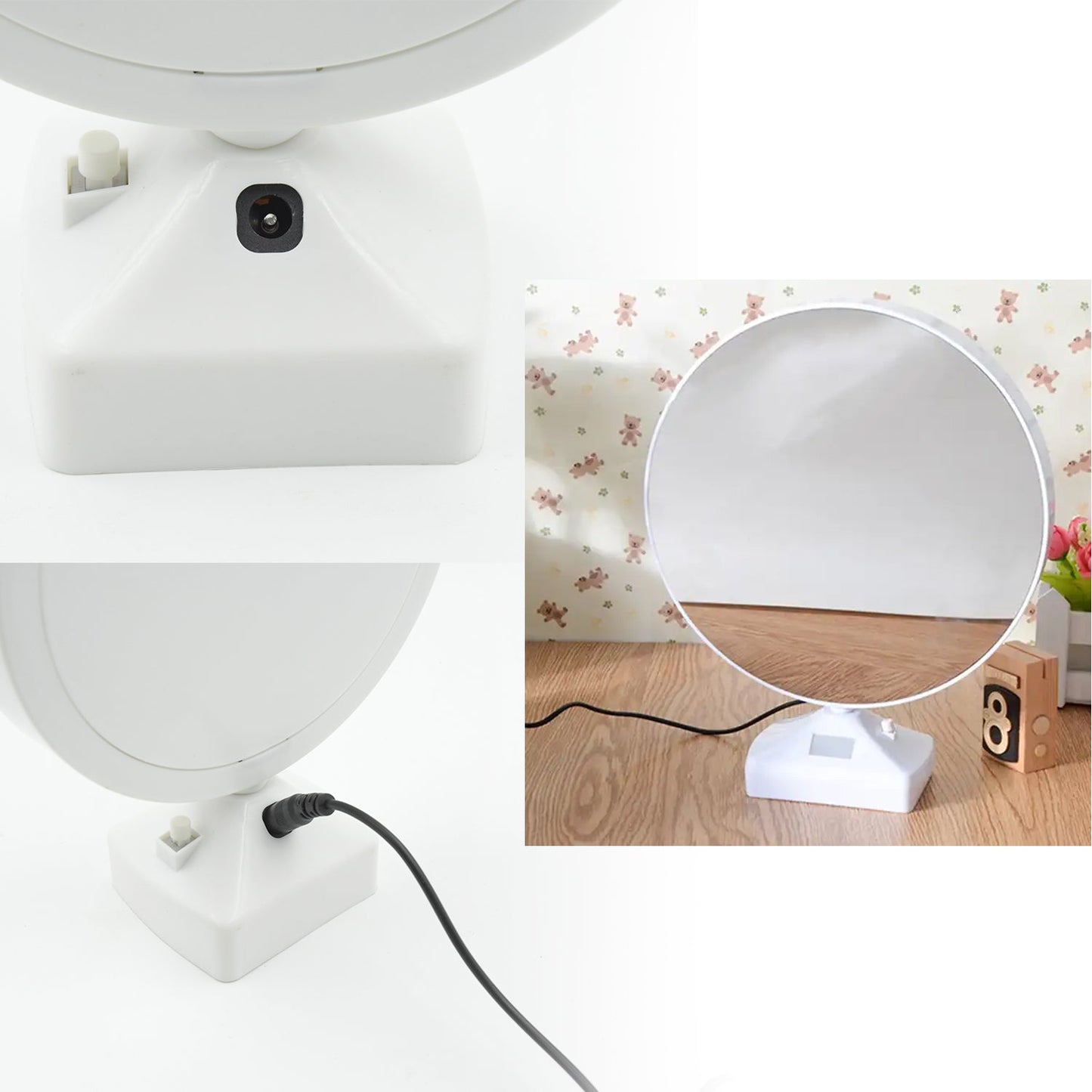 Stylish LED photo frame mirror with glossy round finish, ideal for home or office table decor