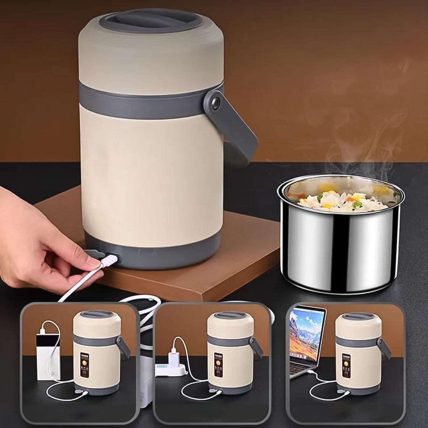 Leakproof vacuum lunch box with USB heating and cutlery set