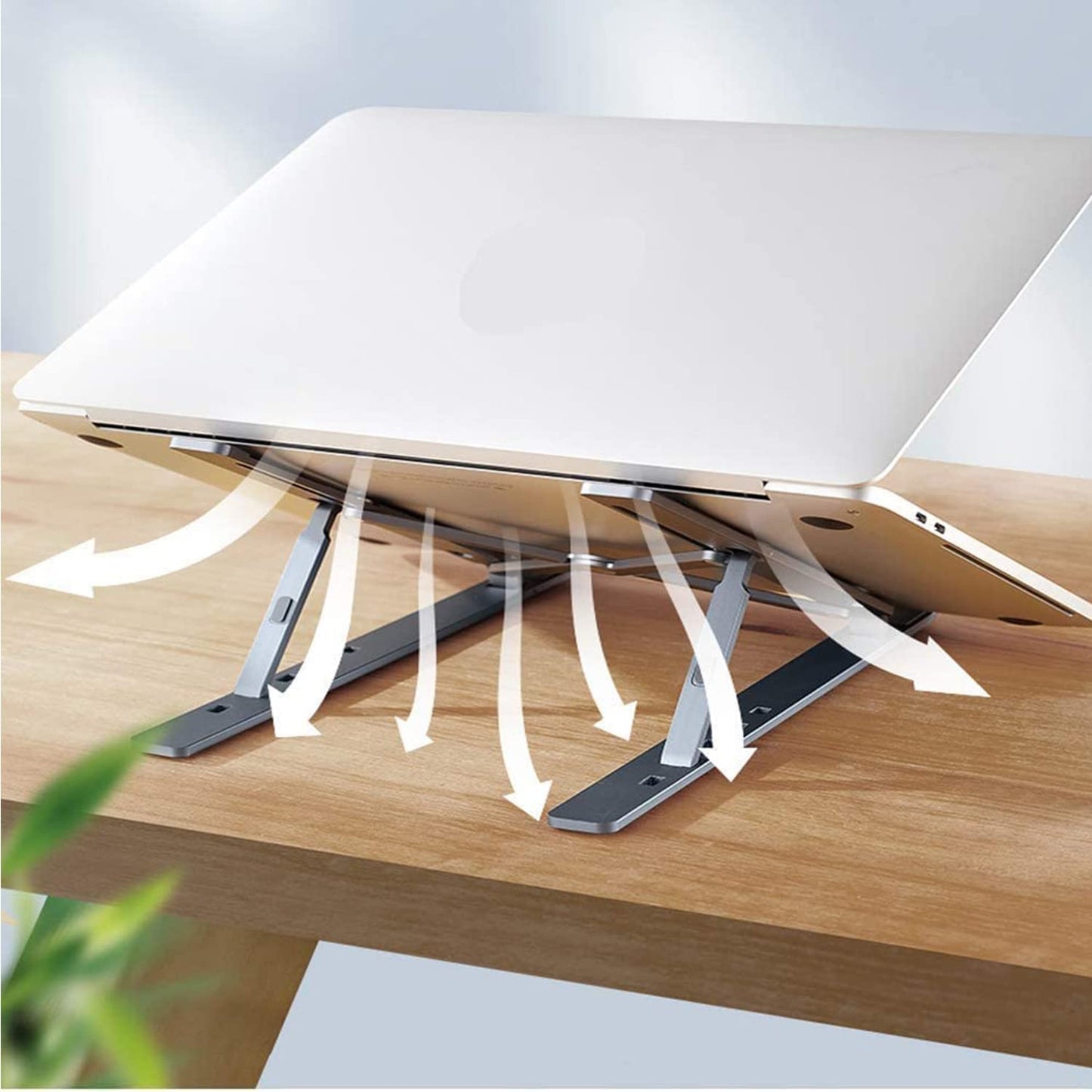 Metal adjustable desk stand with universal device compatibility