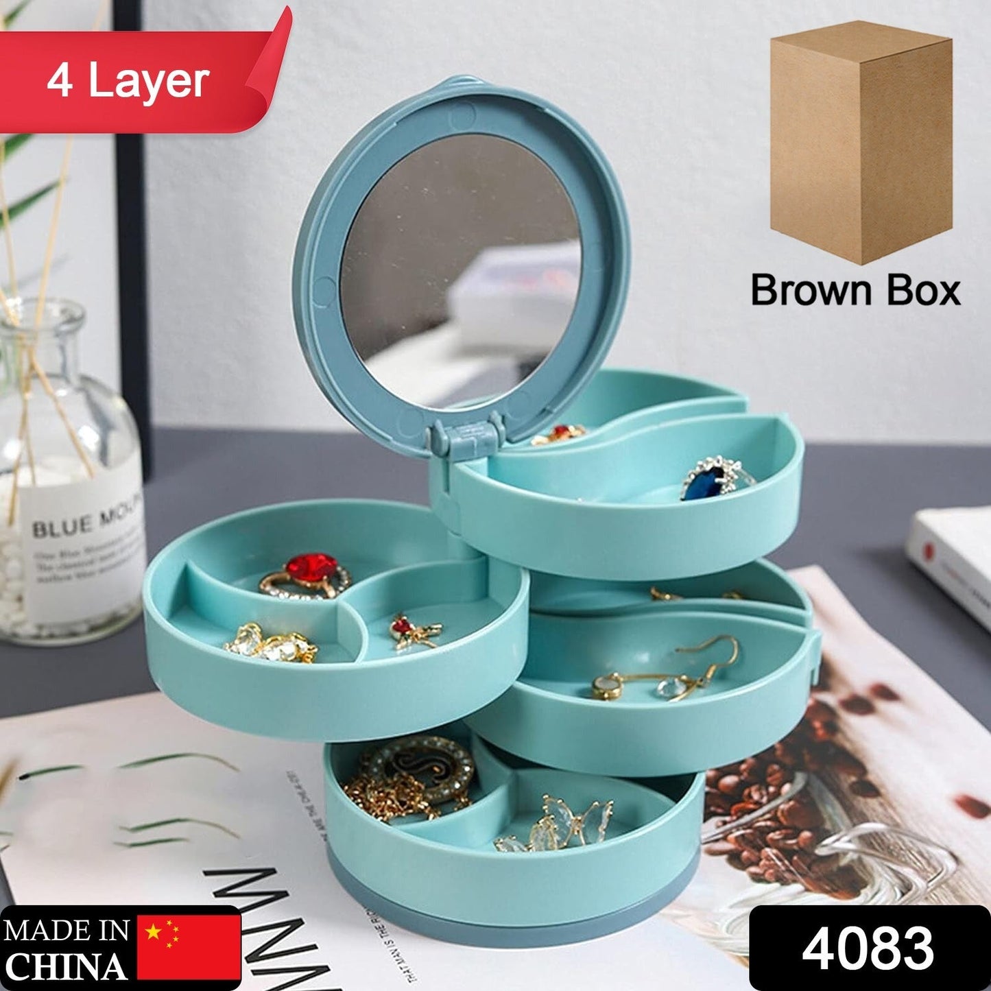 Compact portable jewelry organizer box with multiple layers and soft lining for necklace and earrings