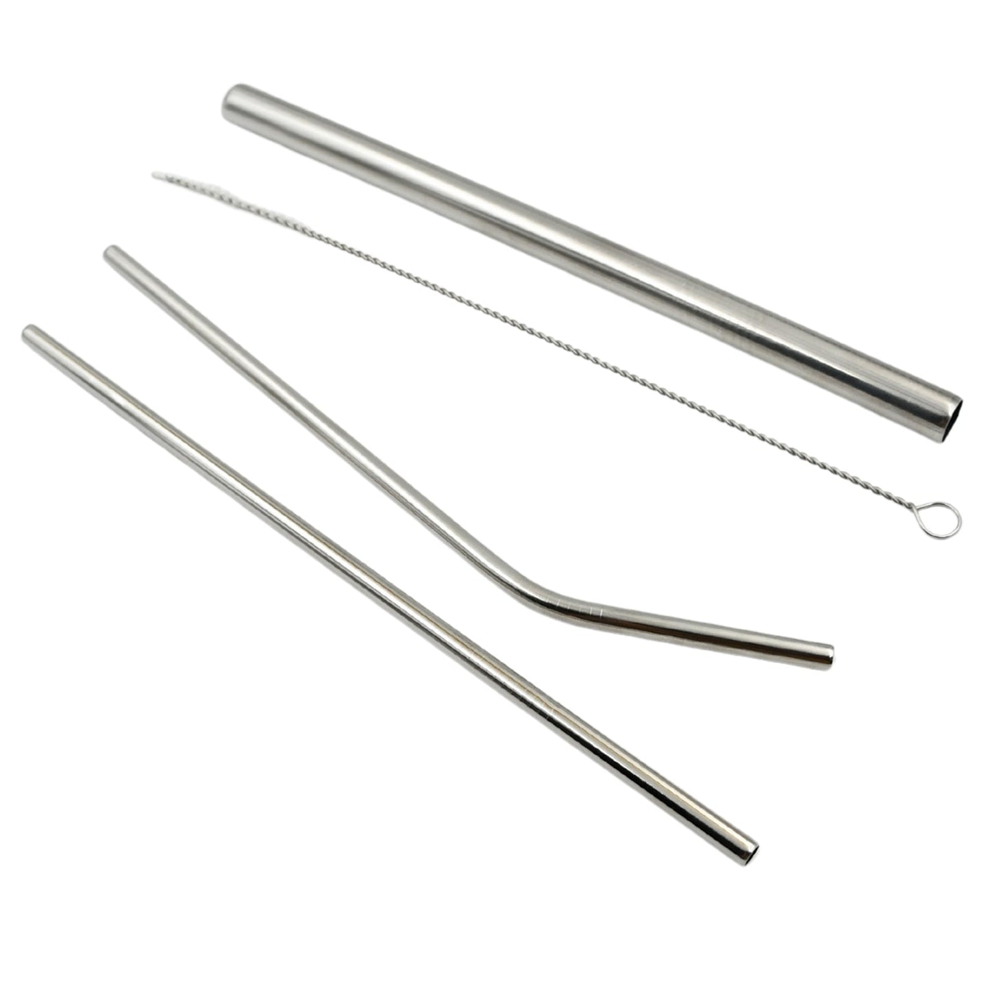 Reusable stainless steel straws with bent and straight designs along with cleaning brush and travel case