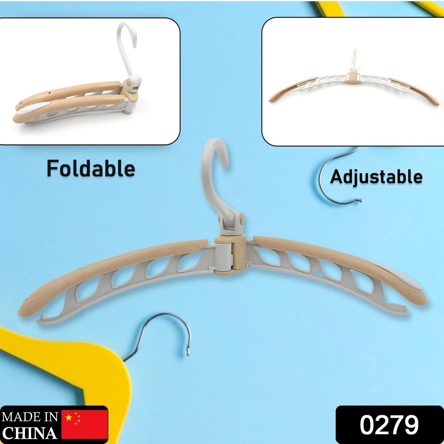 Foldable travel hanger in durable plastic with adjustable arms for shirts, coats, and dresses