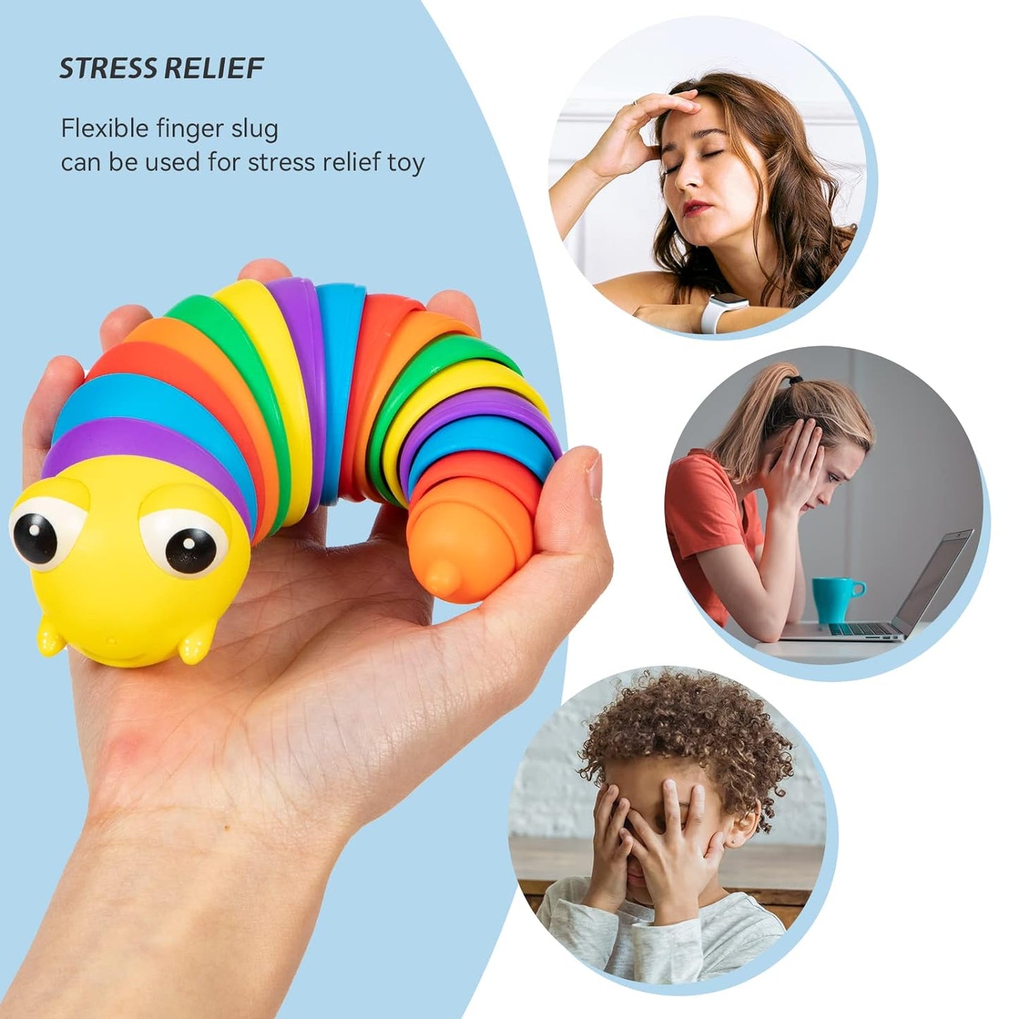 3D rainbow slug fidget toy with colorful twistable body
