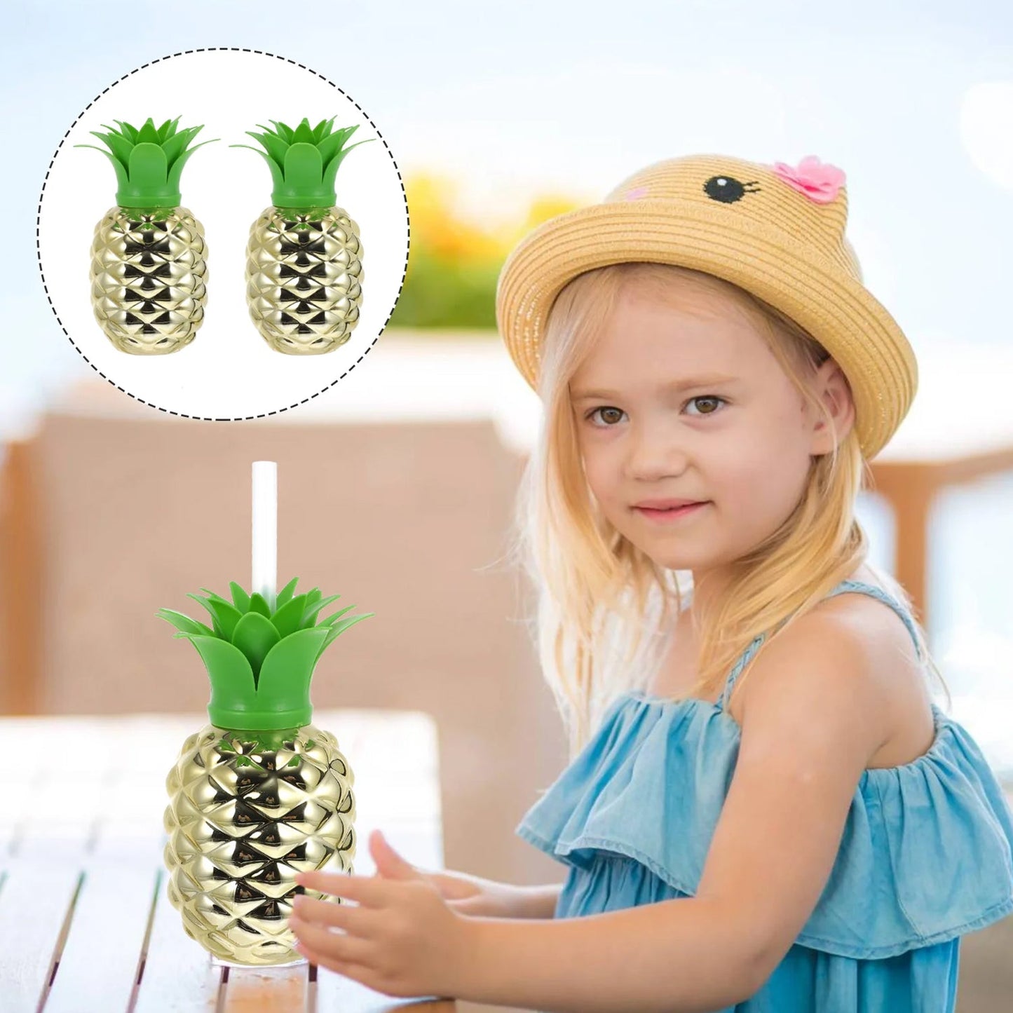 Yellow pineapple cup with straw and brown box, suitable for tropical-themed party decorations