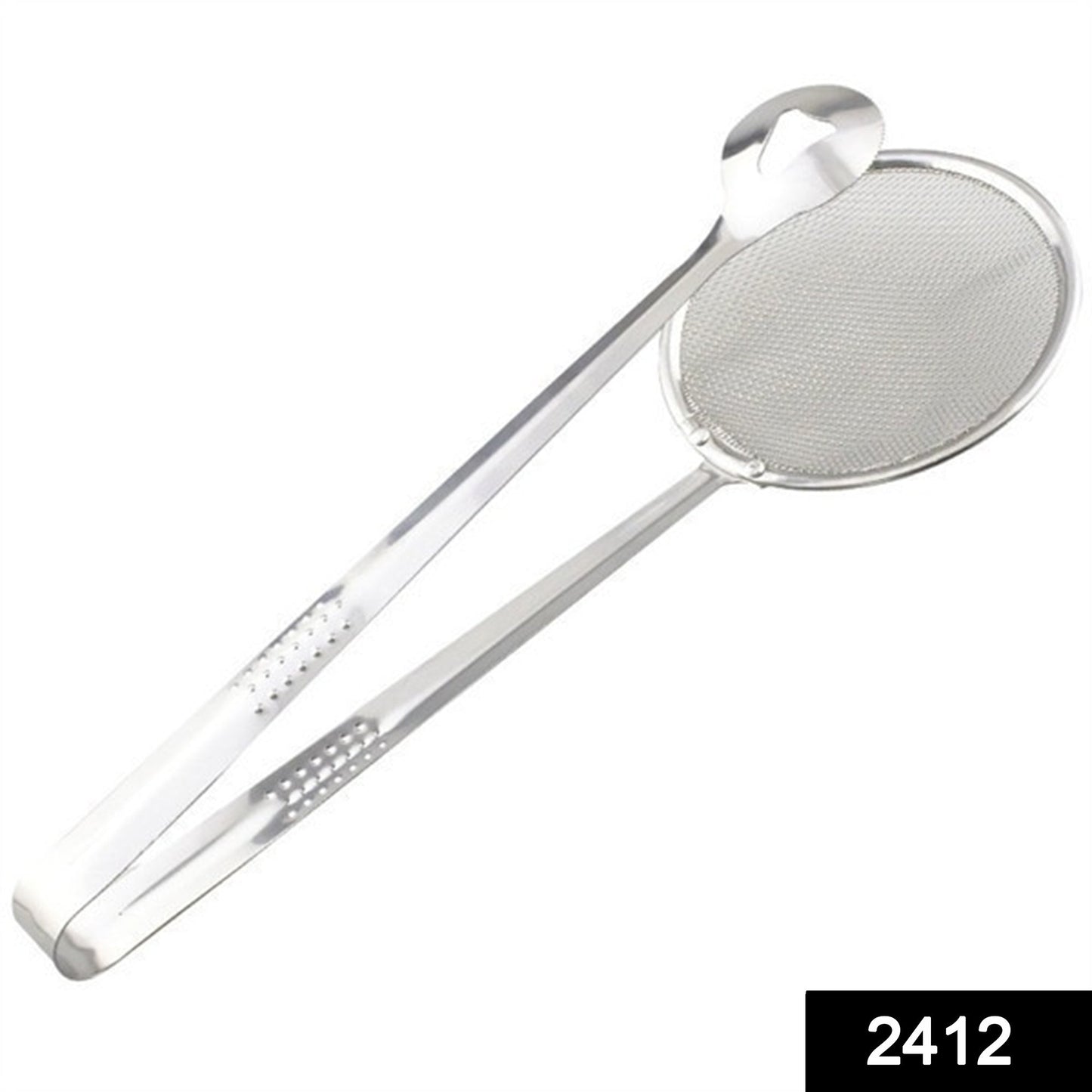 Stainless steel filter spoon with clip for frying, multi-use. 2 in 1 fry tool, stainless steel strainer spoon, cooking tongs with clip, oil filter spoon, BBQ tongs, multi-functional kitchen tool, frying strainer, mesh spoon for frying, food lifter with strainer, stainless steel kitchen tong, Indian kitchen fry tool