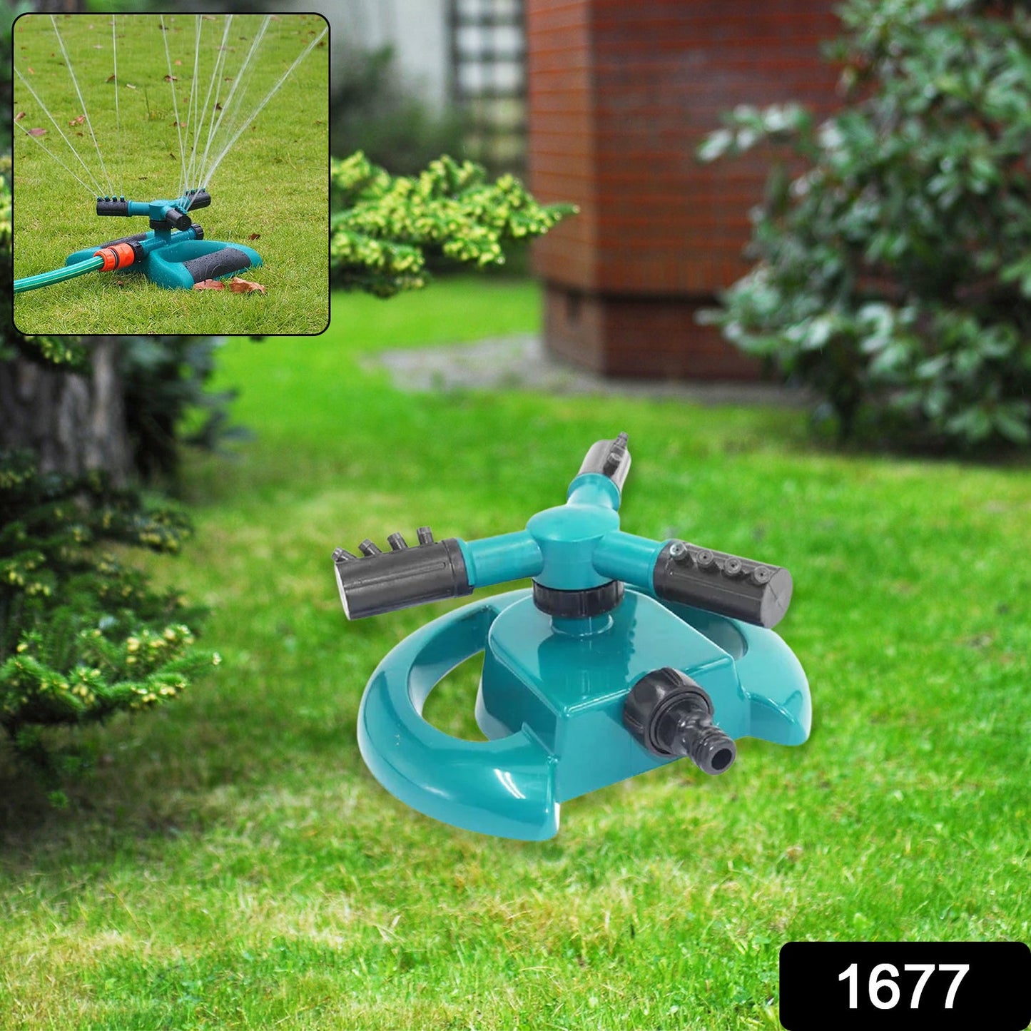 360 degree garden sprinkler, rotating lawn sprinkler, 3 arm water sprinkler, automatic garden sprayer, irrigation tool, hose pipe sprinkler, ABS lawn sprinkler, summer water play tool, yard watering system, flowerbed irrigation sprinkler
