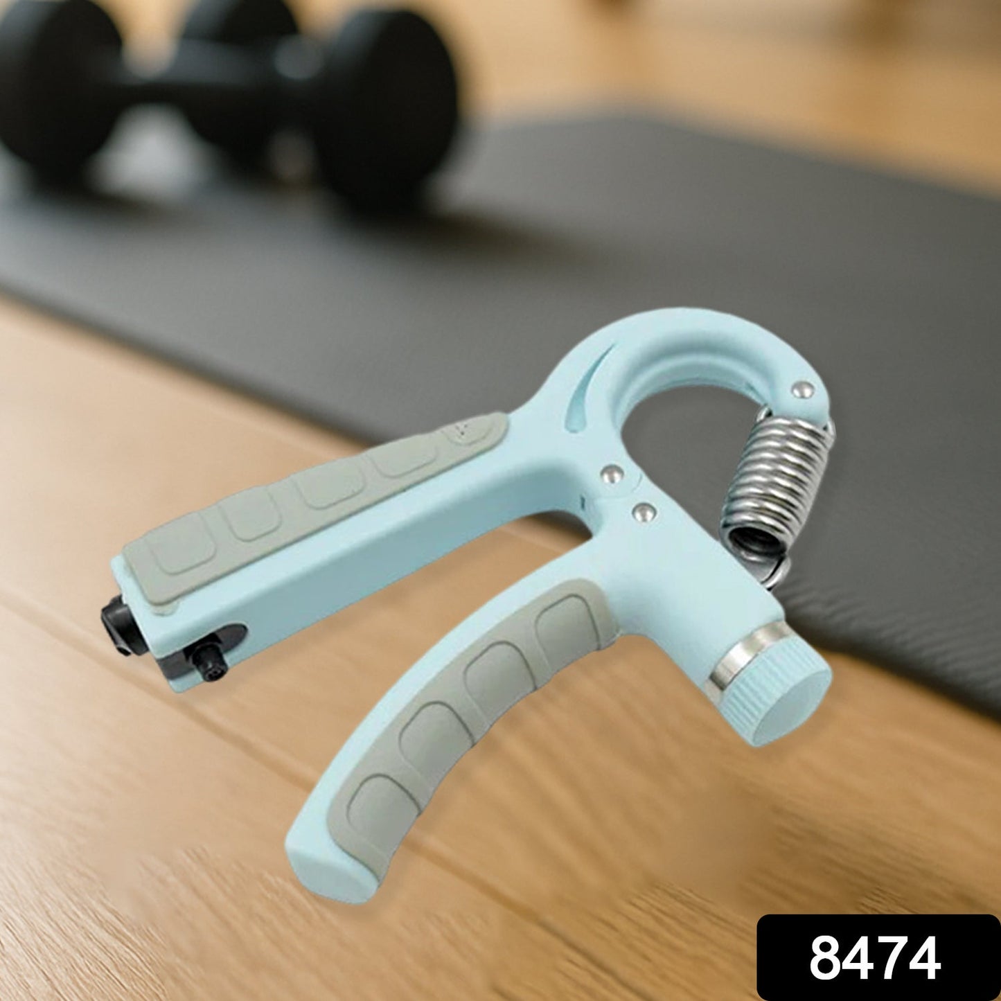 White adjustable hand gripper strength trainer with ergonomic non-slip handle.