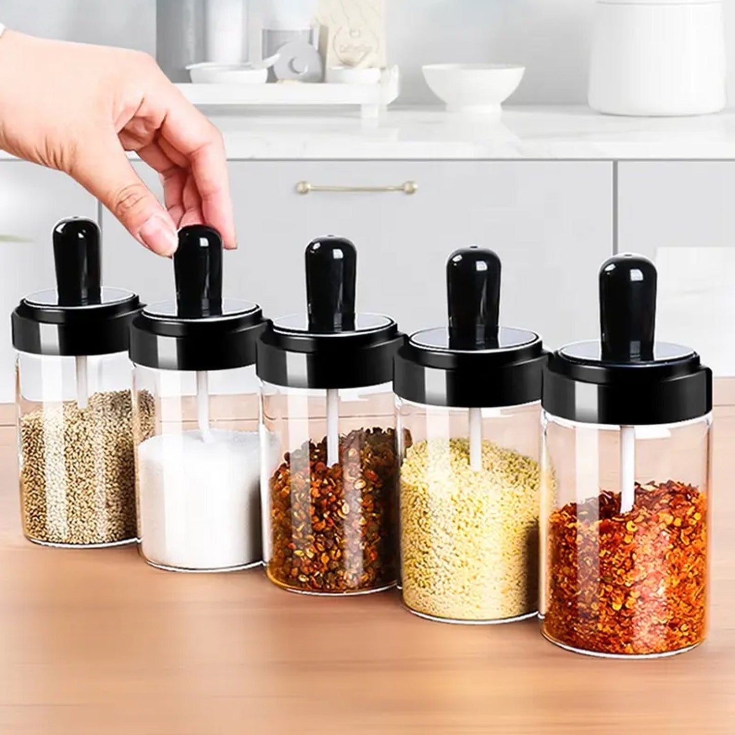 Hexagonal Glass Masala Box Set, Airtight glass masala box transparent kitchen storage jar