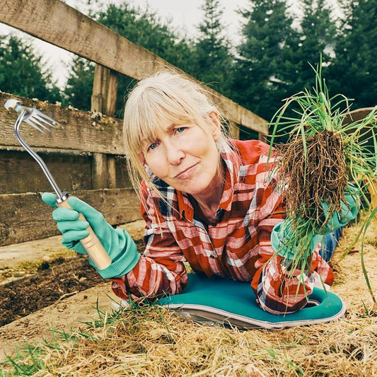 Woman gardening with a tool and plants in a garden setting, Puller sharp weeding tools with metal construction showing sharp V-notch tip for garden weed removal