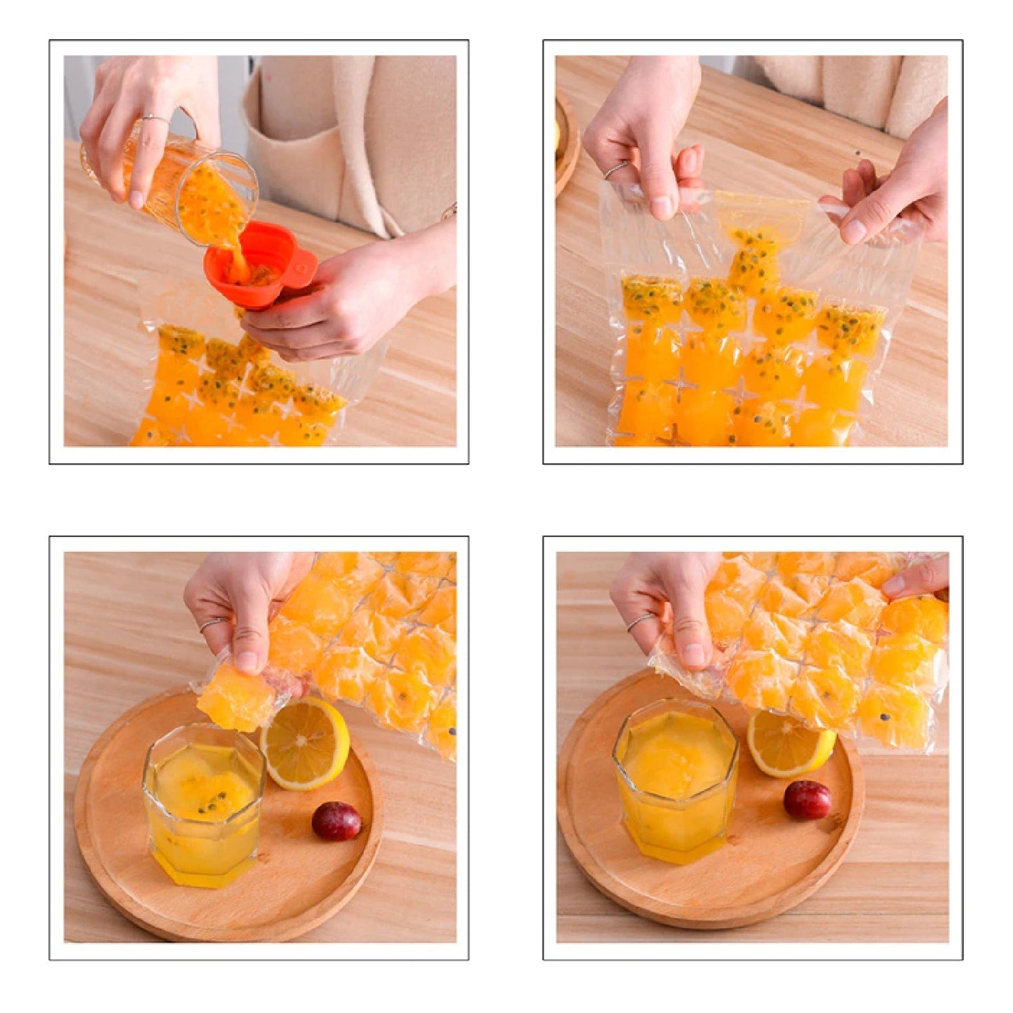Stackable disposable ice cube mold bag for cocktails, food, wine