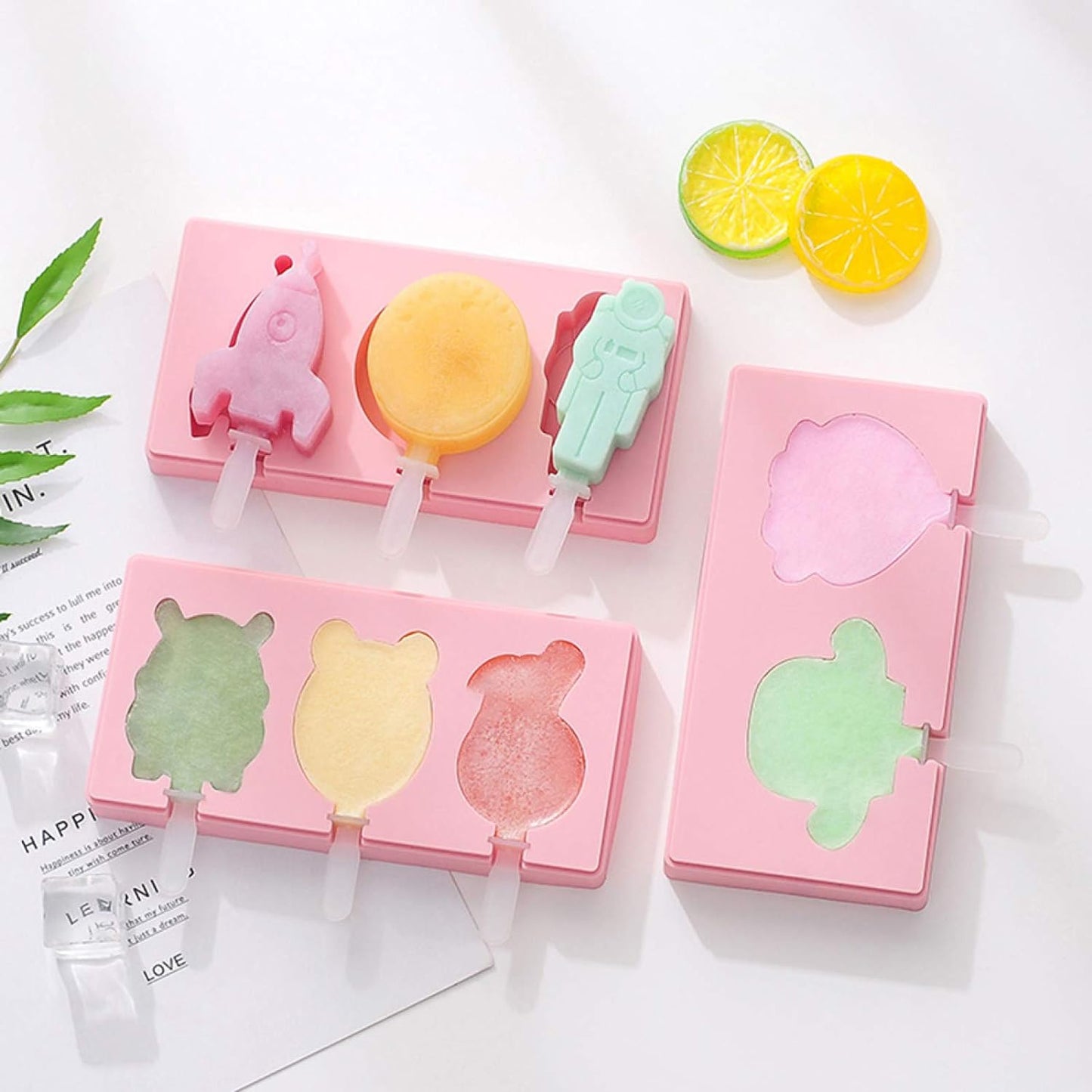 Colorful silicone ice cream mold with cavity tray and plastic sticks