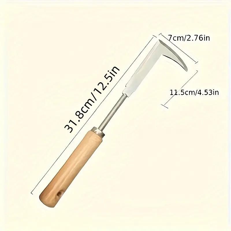 Gardening tool with wooden handle and metal blade, shown with measurements on a beige background, Stainless steel manual weeder demonstrating handheld portability and arc blade effectiveness for weed removal