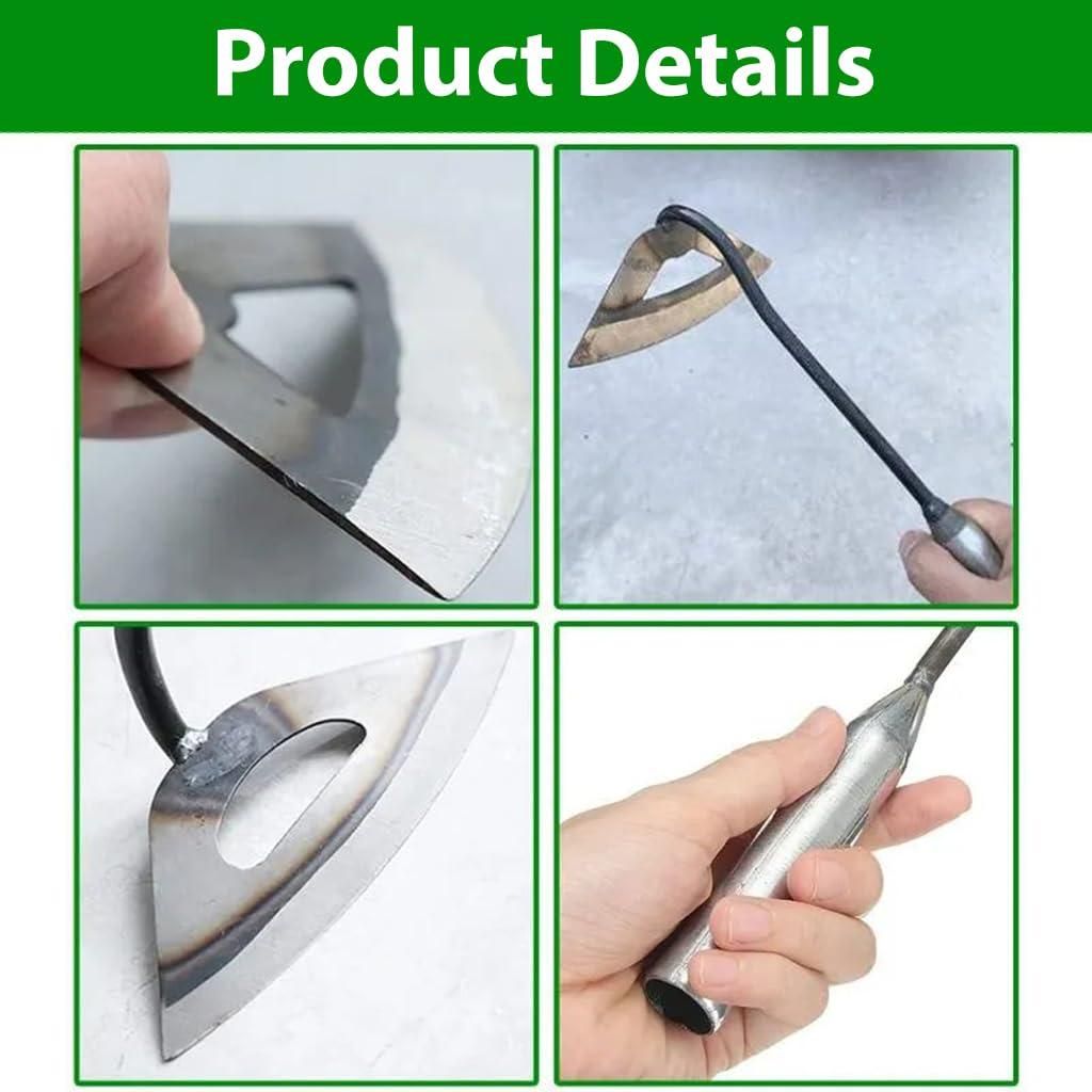 Collage of a metal tool being used on glass and ice, Durable stainless steel weed puller with leverage handle positioned for effective manual weeding operation