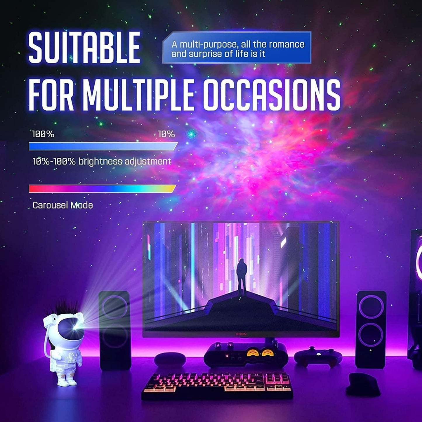 Gaming setup with colorful screen, speakers, and astronaut figure against a vibrant cosmic background.