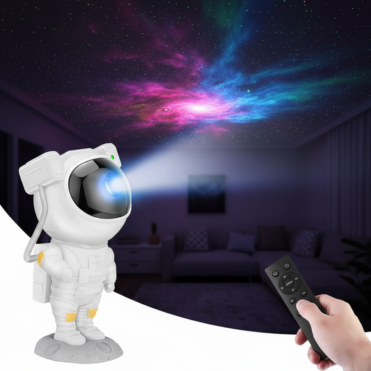 Astronaut toy with a remote control projecting colorful lights on a ceiling.