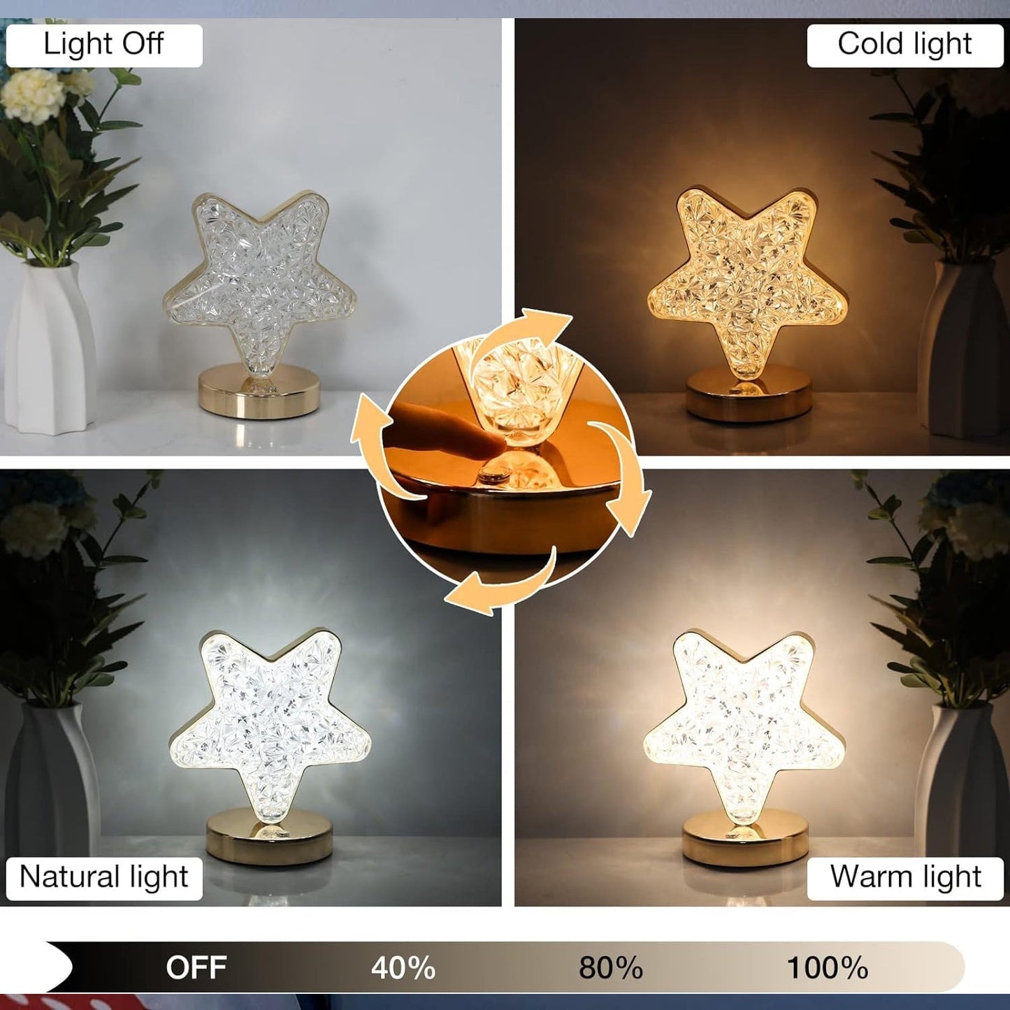 Star shape crystal diamond lamp glowing warmly on a bedside table