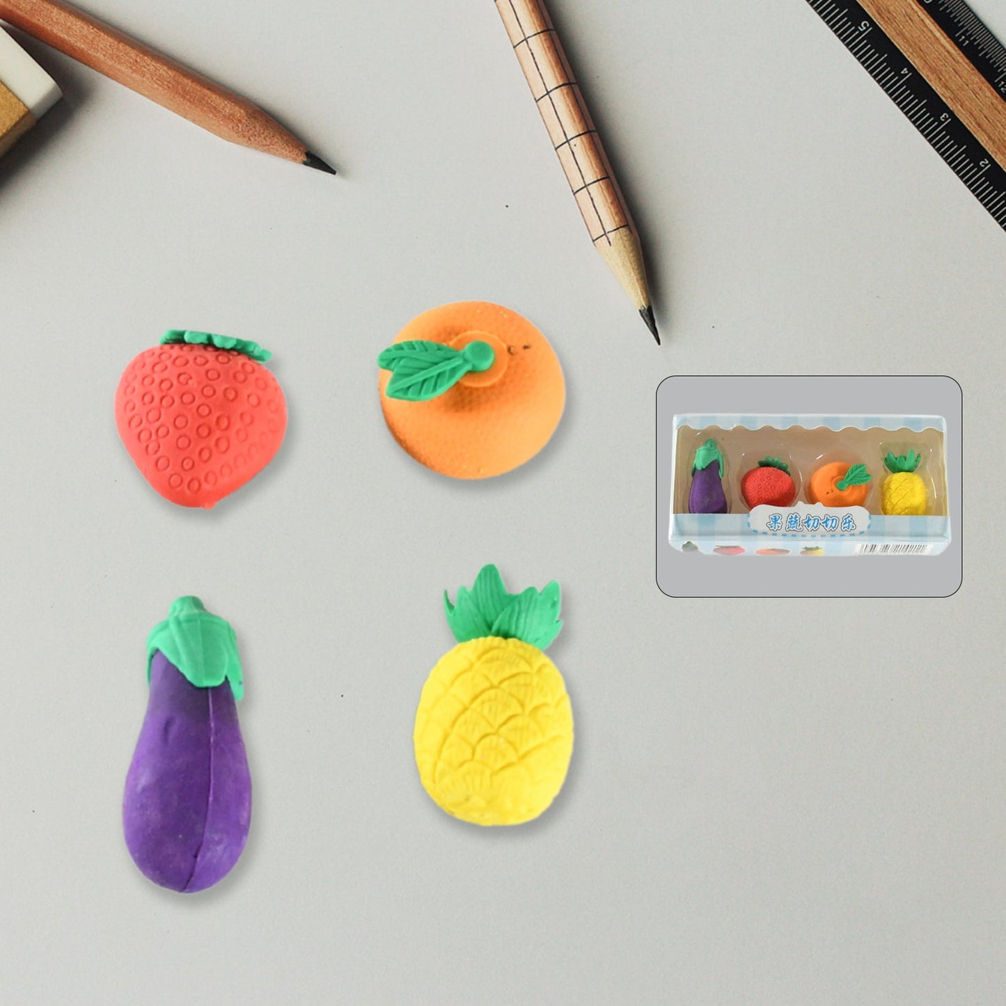 Multipurpose 3D eraser set with colorful vegetable designs