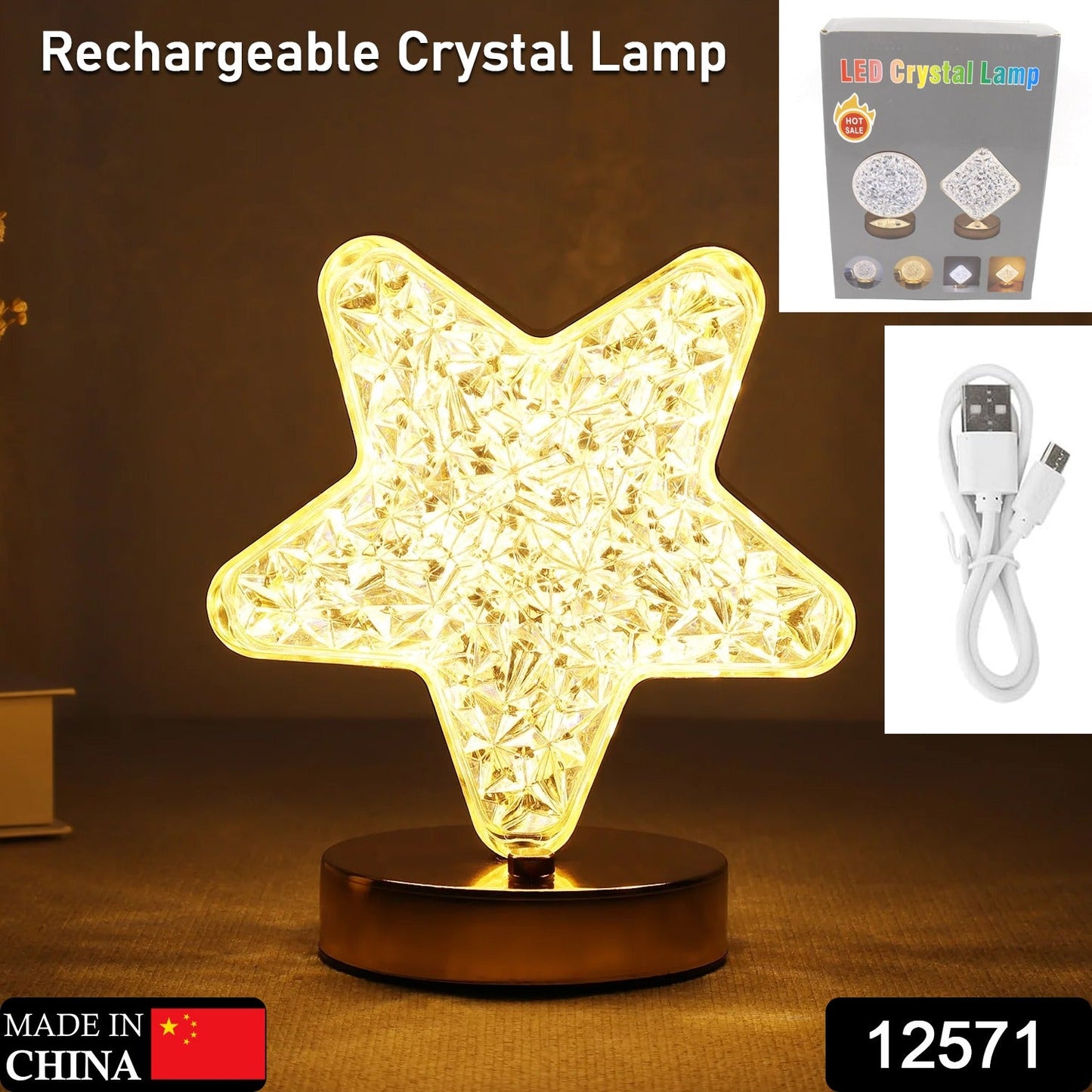 Dimmed warm white light from star-shaped crystal decorative lamp