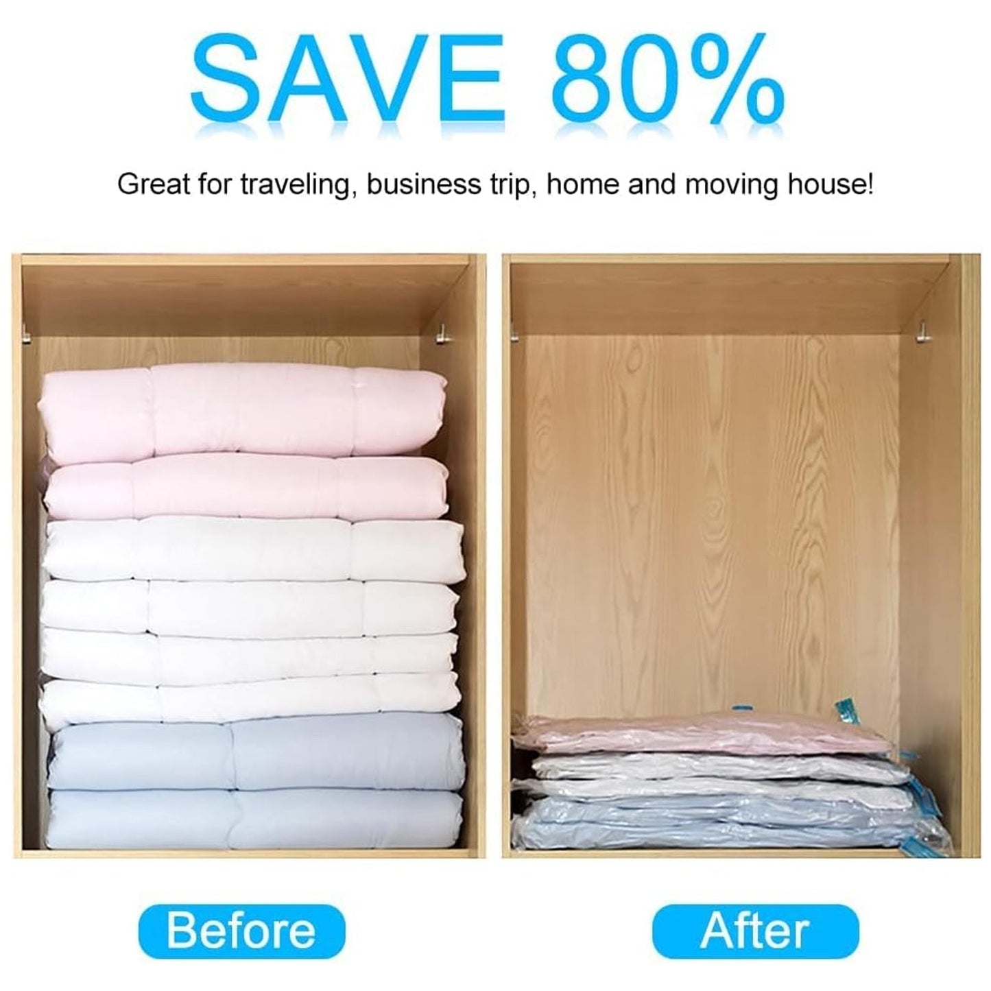 Travel vacuum bags set with manual suction pump included