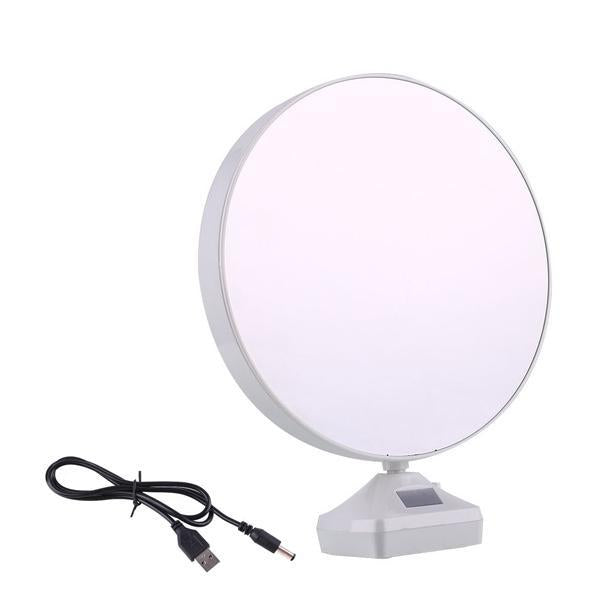 White plastic LED mirror with polymer frame, doubles as a night lamp with photo display