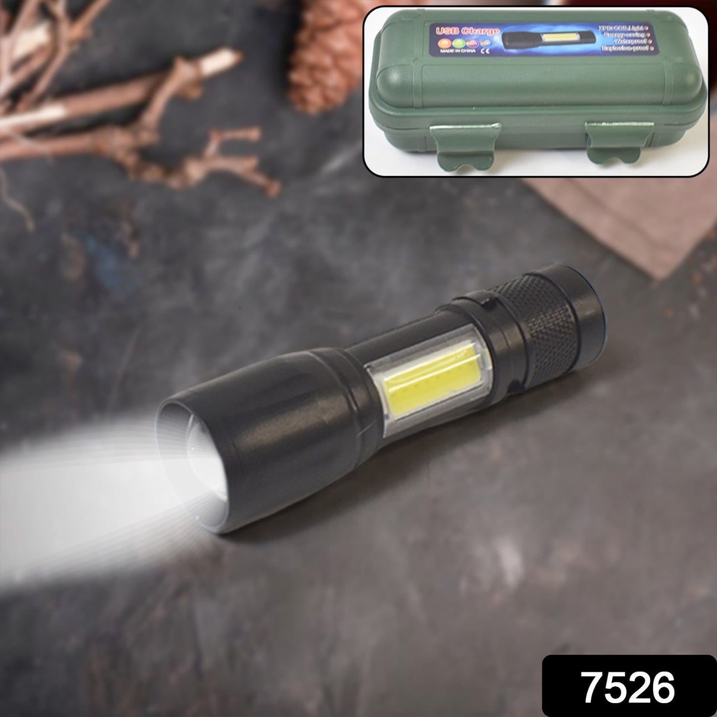 Portable pocket LED torch with rechargeable battery and zoom function for outdoor activities