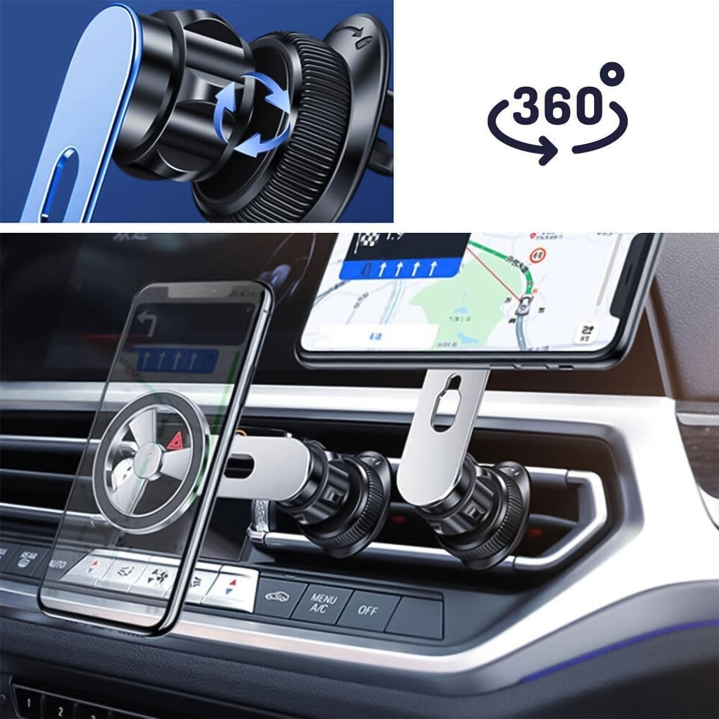 Compact Rotatable Air Vent Magnetic Phone Mount, Multi-angle zinc alloy car phone cradle compatible with all smartphones