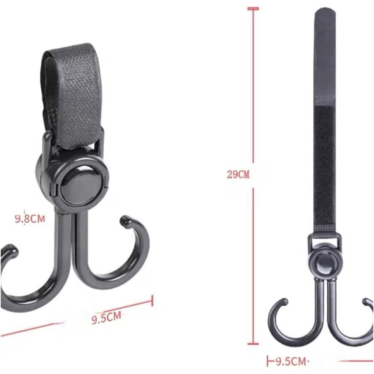 Universal stroller hook used on wheelchair for extra bag support