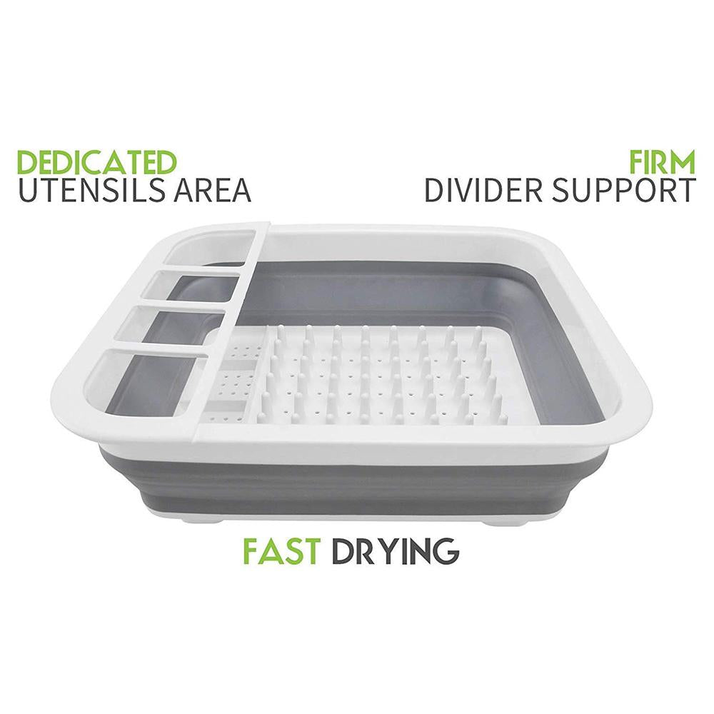 Folding silicone dish drainer with integrated storage for cutlery. collapsible dish drying rack, folding kitchen drainer, silicone dish rack, drying tray with utensil holder, rustproof dish drainer, compact dish drying rack, camping dish drainer, countertop dish tray, dishwasher safe dish rack, kitchen drying stand