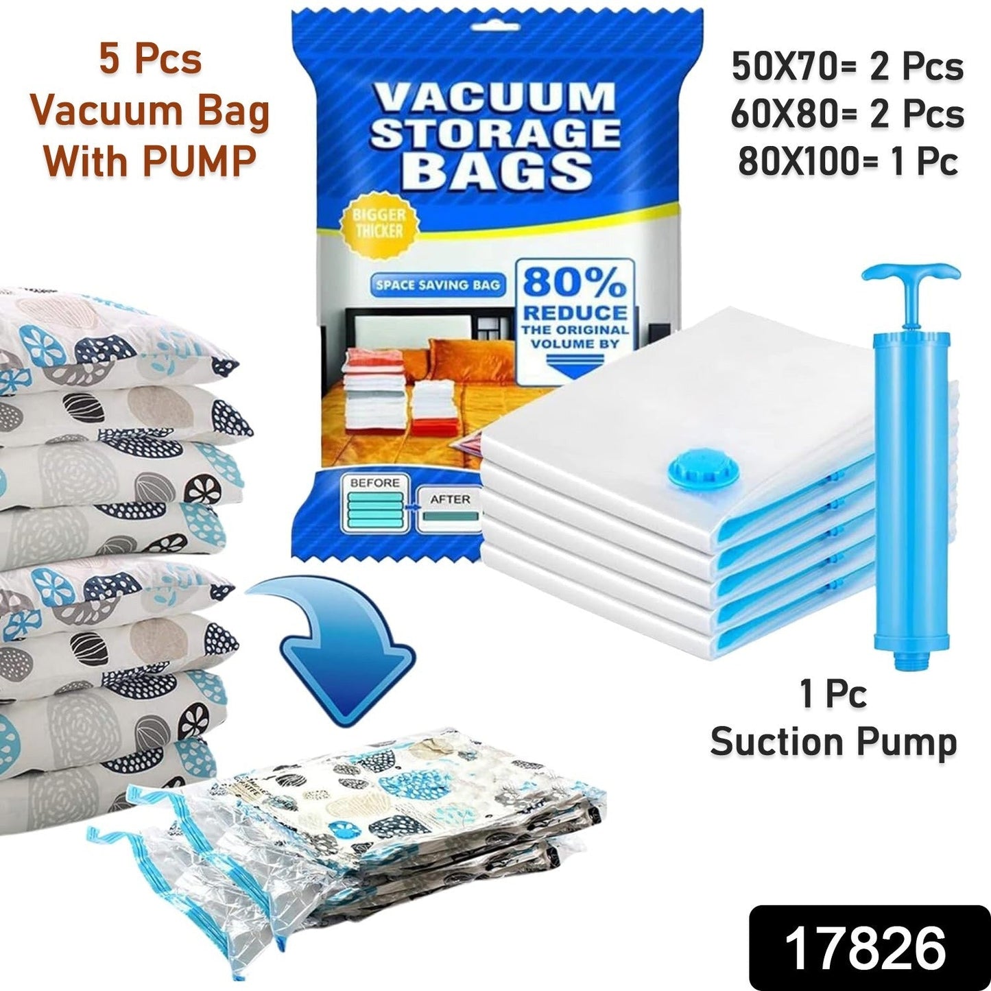 Vacuum storage bag set with suction pump and shirt clips