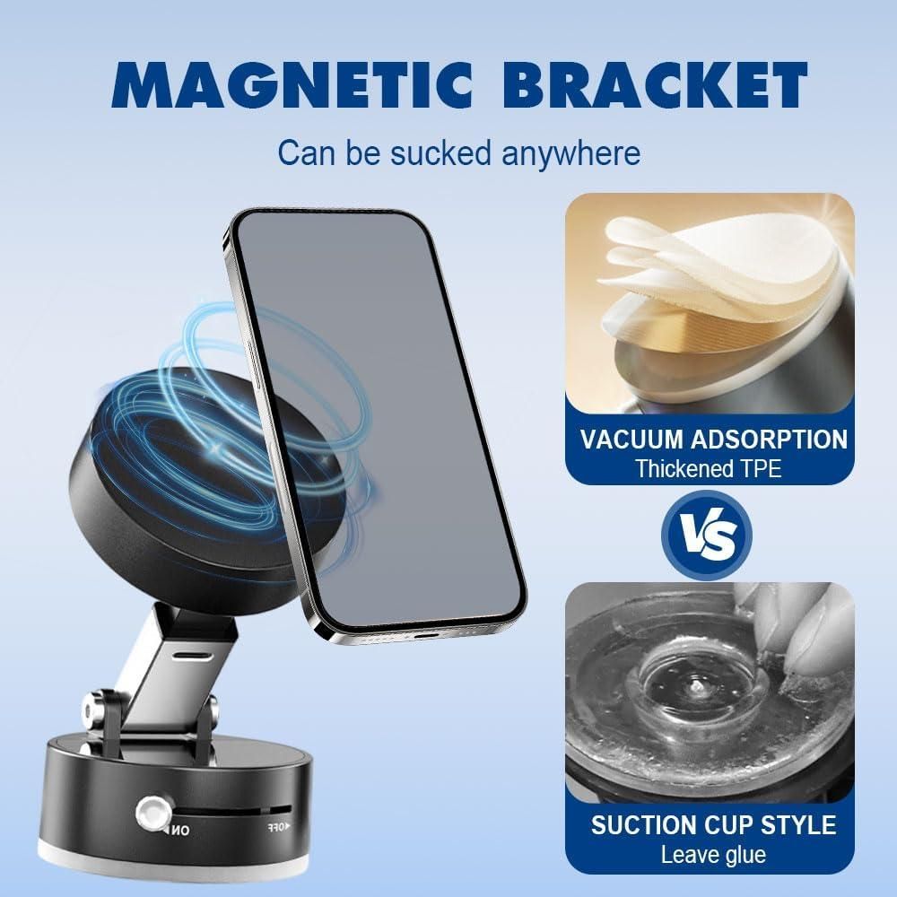 Magnetic bracket with smartphone holder on a light blue background, Compact foldable magnetic phone holder demonstrating vacuum suction mounting and 360 degree positioning flexibility