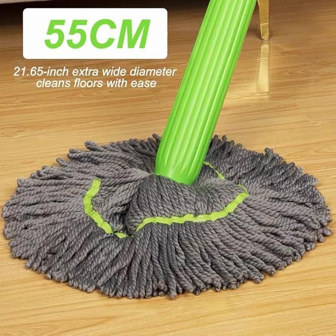 Gray mop with green handle on a wooden floor, labeled '55CM' and '21.65-inch extra wide diameter'. Rotating mop demonstrating self twisting water wringing mechanism with steel reinforced handle construction